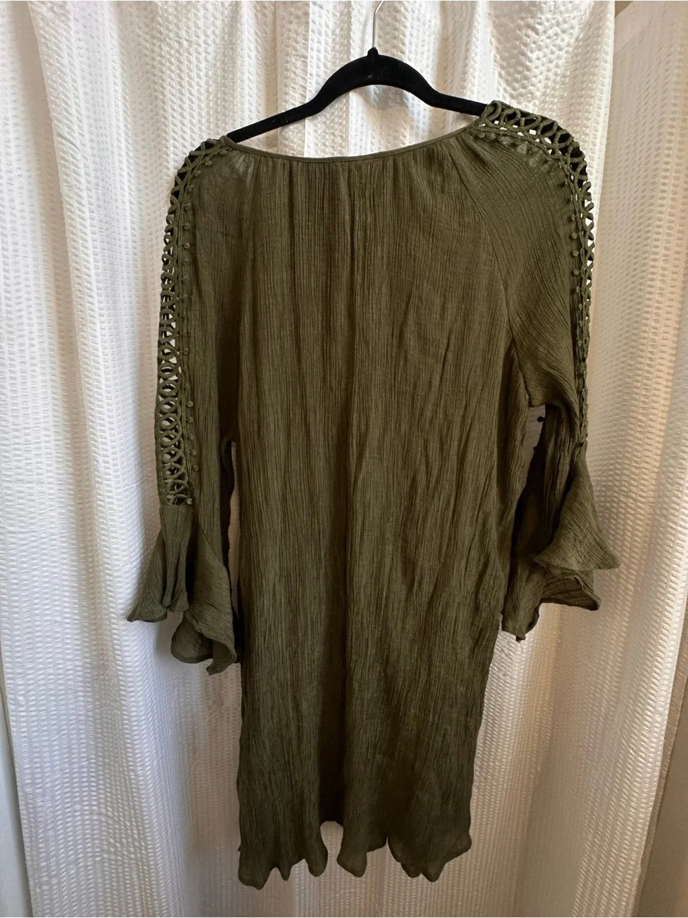 Olive Green Mini Dress with Crochet Sleeve Detail